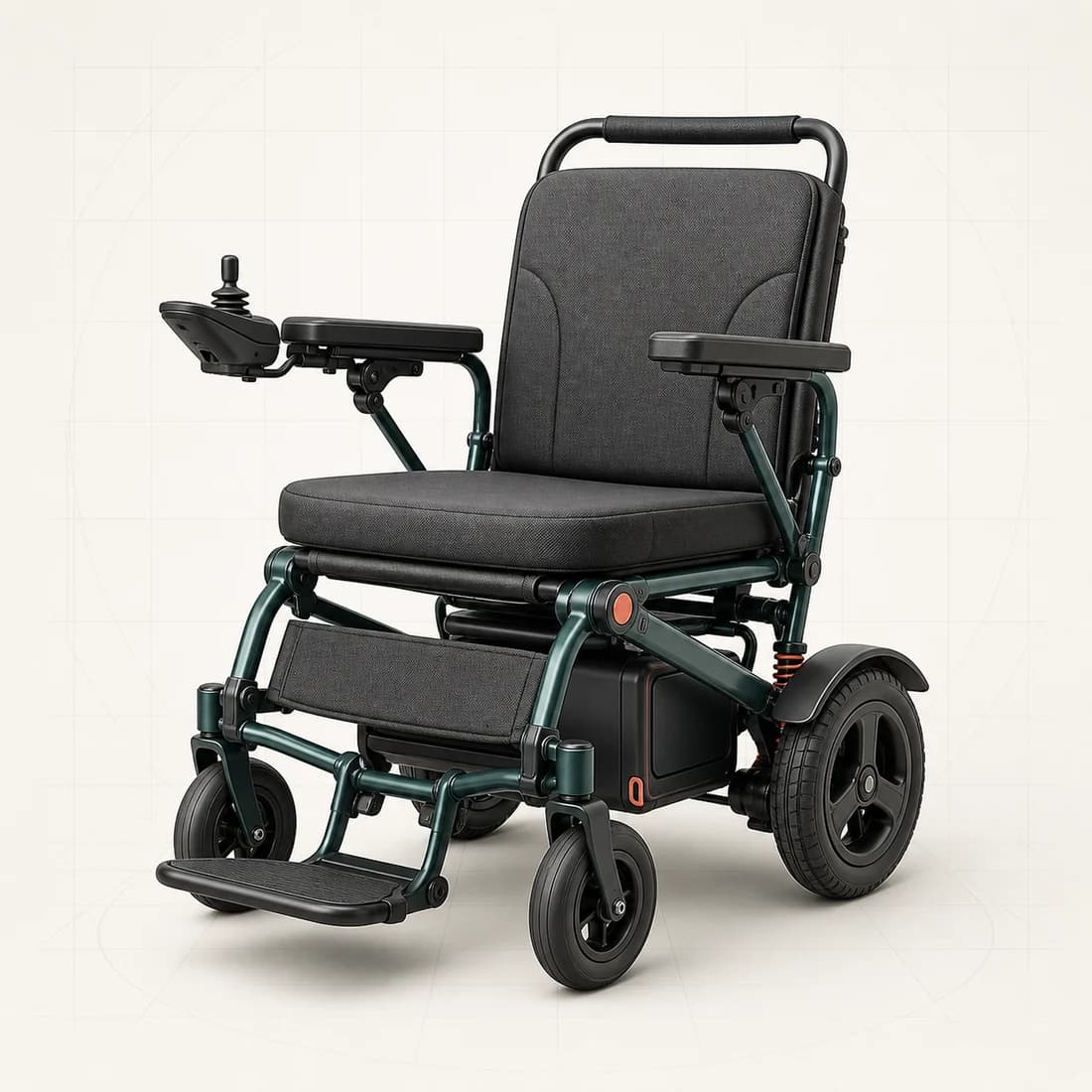 Original illustration of a generic folding electric wheelchair with joystick control