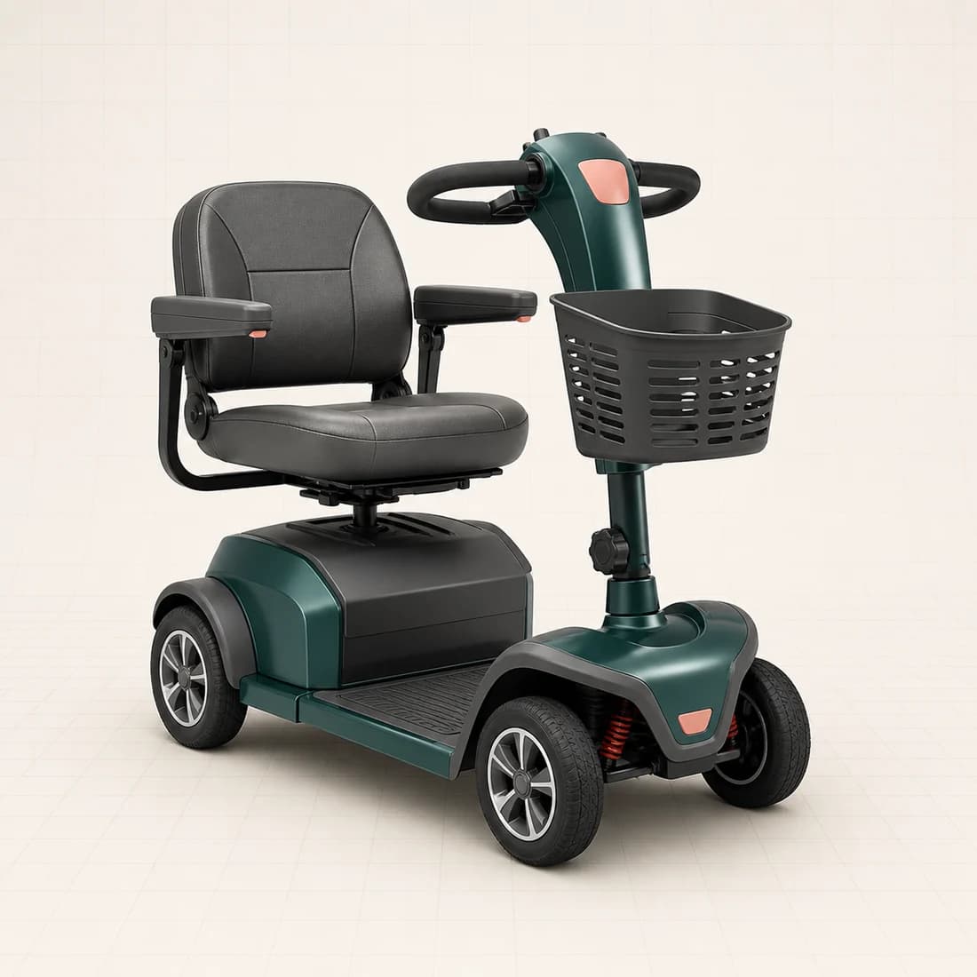 Original illustration of a generic four-wheel mobility scooter with tiller steering and front basket