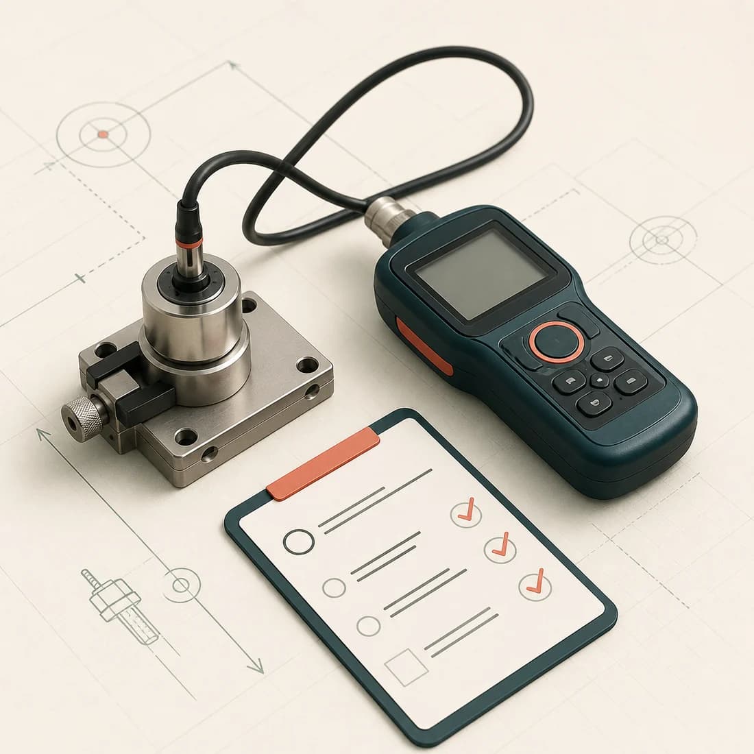 Original illustration of a digital measuring instrument, technical fixture and inspection checklist